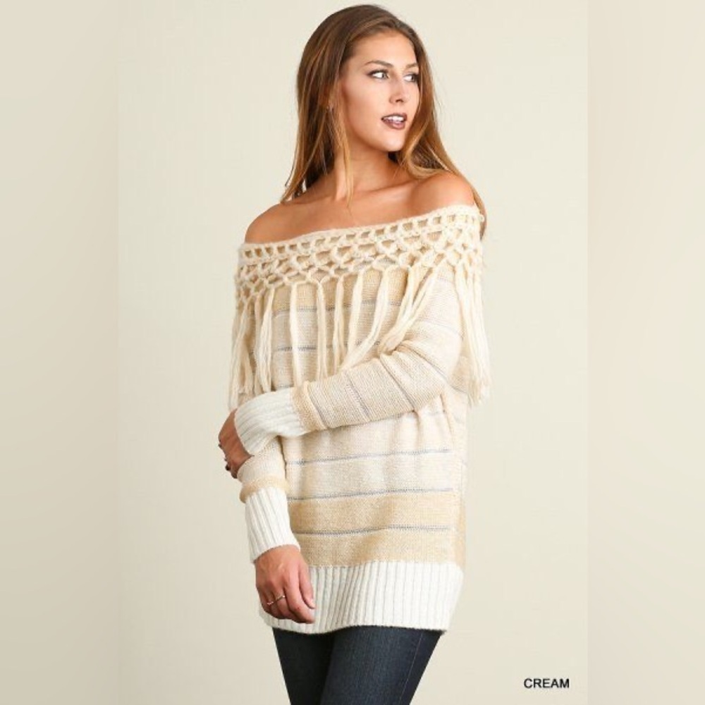 Free people fringe tunic Off the shoulder Sweater pullover ml alpaca wool cotton